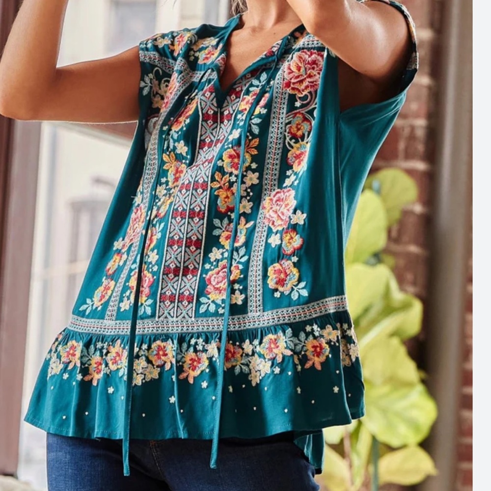 Savanna Jane Embroidered Ruffle Top Multicolored Sleeveless Tie Floral Small‎ S
